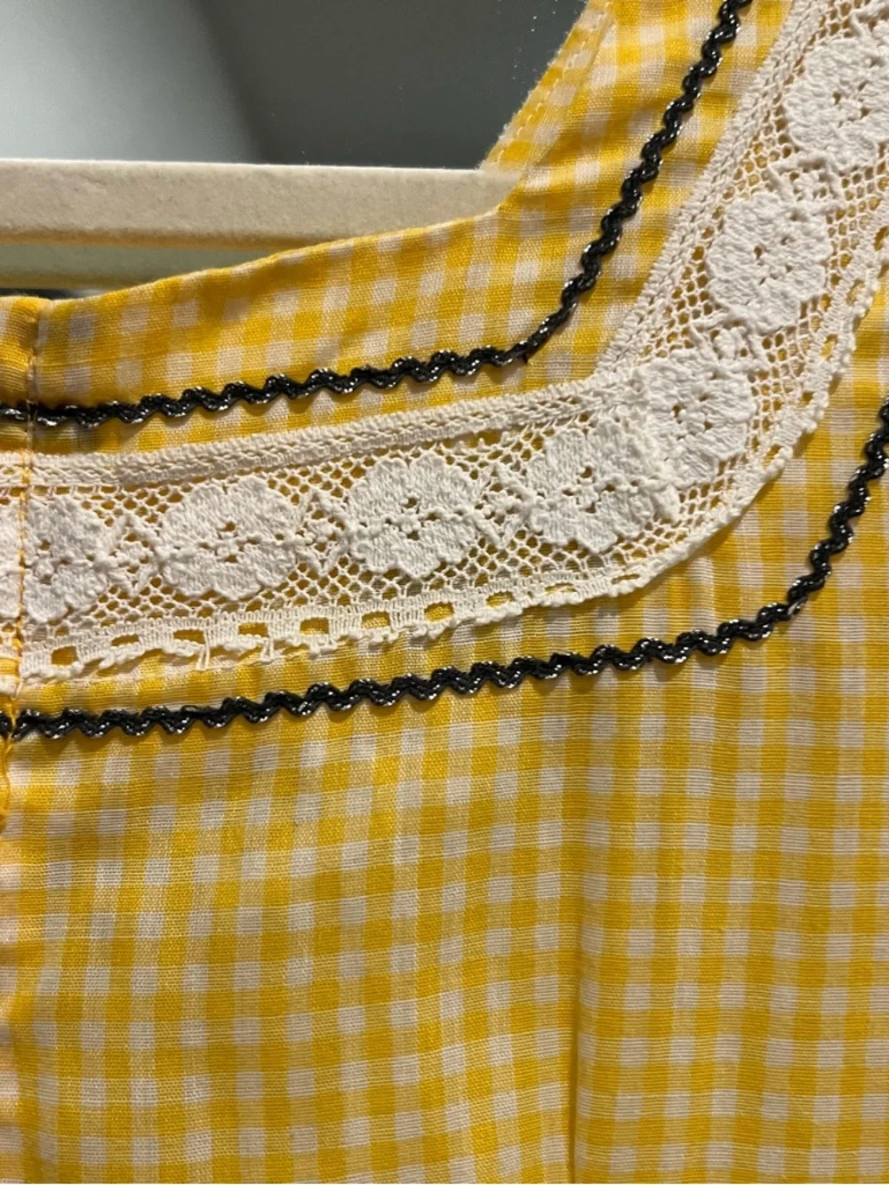 Yellow Gingham Asymmetrical Western vintage Dress with Lace Trim (Item #56) - Picture 5 of 12